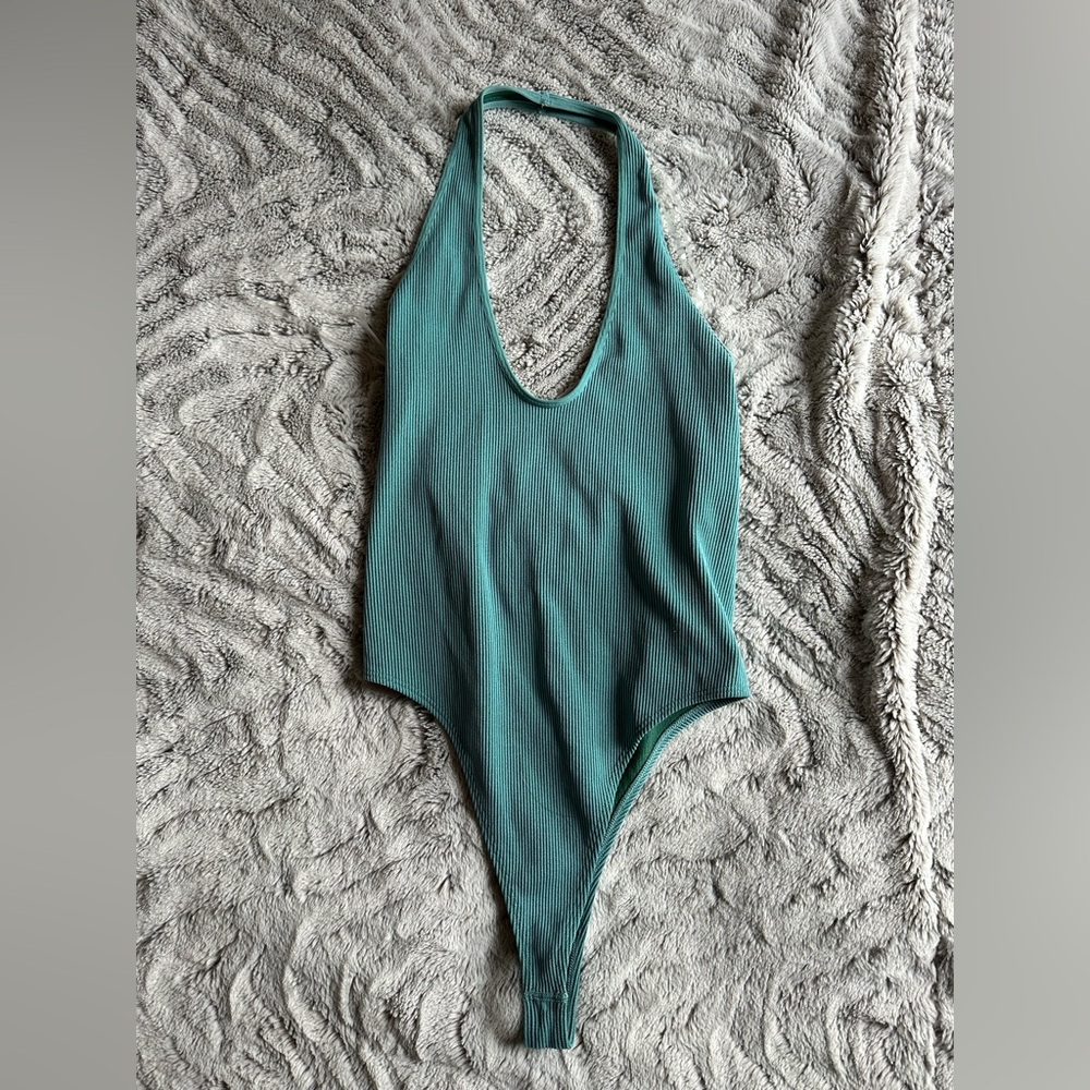 Wild Fable Teal Ribbed Halter Bodysuit